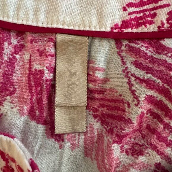 Pink White Leaf Print Womens Boho Tunic L Top 3/4 Sleeves Lightweight - Picture 3 of 10